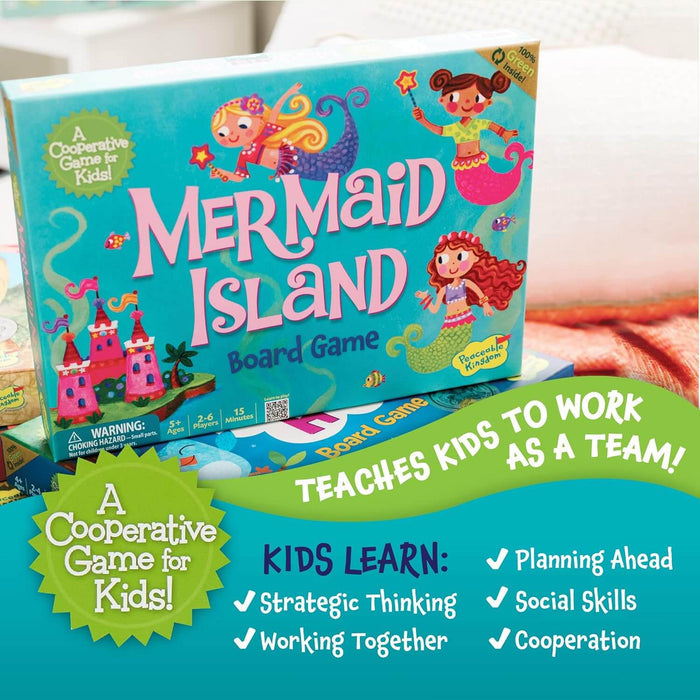Teal Mermaid Island game box featuring cartoon mermaids, a pink castle, and text highlighting teamwork and strategy.
