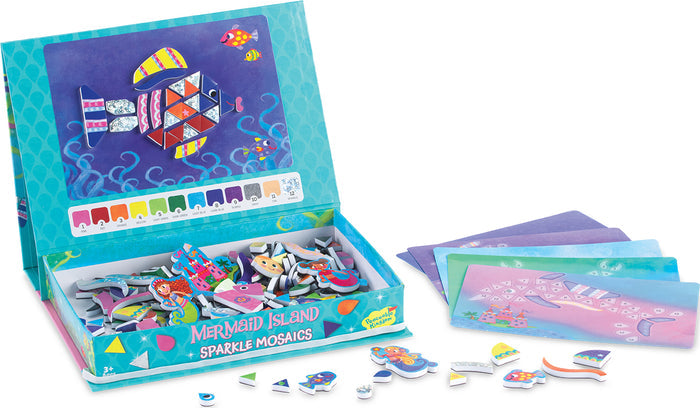 Open turquoise box with colorful glittery mosaic pieces, patterned templates, and underwater mermaid and fish designs.