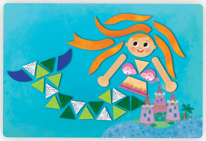 Mermaid mosaic with orange hair, green and silver glitter scales, and a small pink castle on a turquoise background.