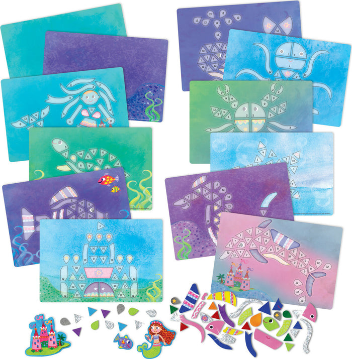 Ocean-themed mosaic art kit with ten numbered activity cards and colorful, sparkly, patterned sticker pieces.