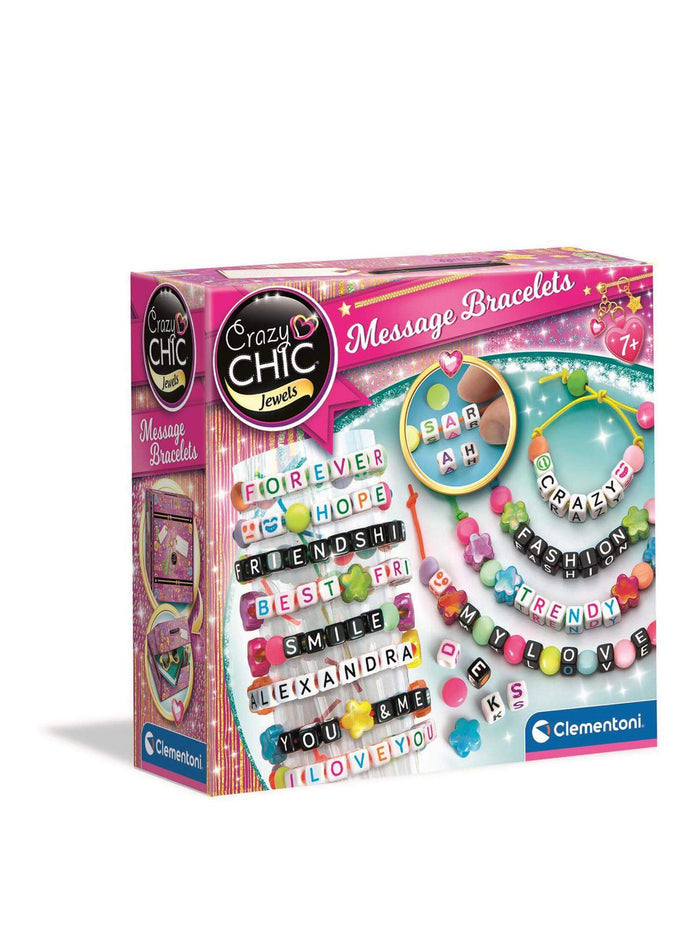 Pink box for a jewelry making kit featuring colorful letter beads, star charms, and several sample word bracelets.