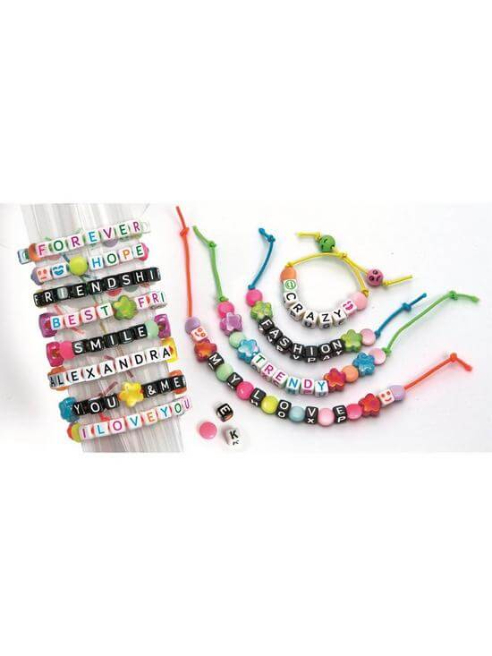 Vibrant string bracelets with letter cube beads spelling words, mixed with colorful heart and flower-shaped beads.