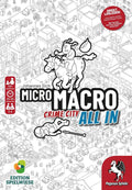 Black and white board game box for MicroMacro Crime City All In featuring a detailed city map and central cartoon figures.