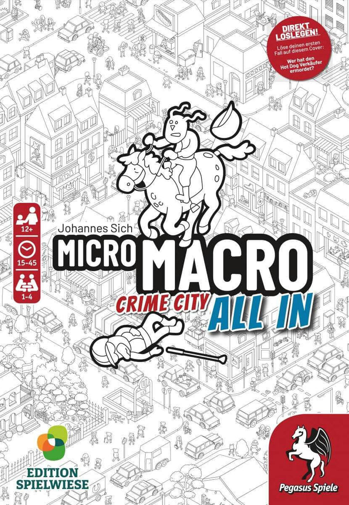Black and white board game box for MicroMacro Crime City All In featuring a detailed city map and central cartoon figures.