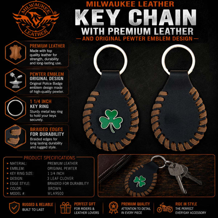 Milwaukee Leather Black 3 Leaf Clover Pewter Emblem Key Chain - MLA9500