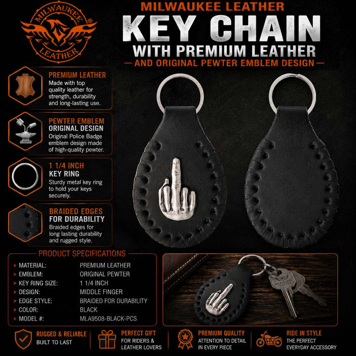 Milwaukee Leather Black Middle Finger Pewter Emblem Key Chain - MLA9508