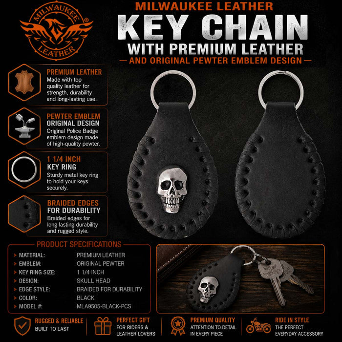 Milwaukee Leather Black Skull Head Pewter Emblem Key Chain - MLA9505