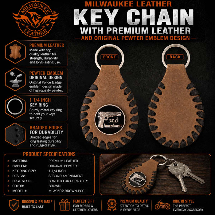 Milwaukee Leather Brown Second Amendment Pewter Emblem Key Chain - MLA9502