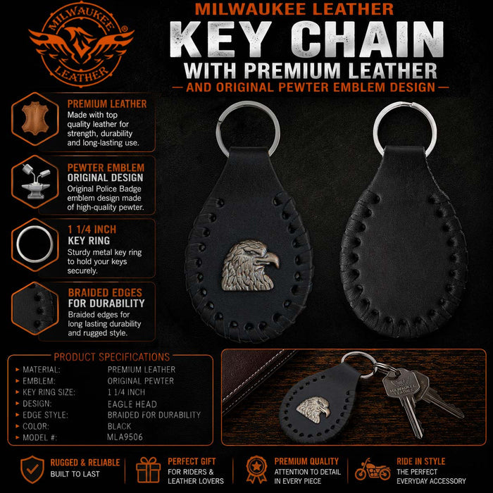 Milwaukee Leather Eagle Head Pewter Emblem Black Key Chain - MLA9506
