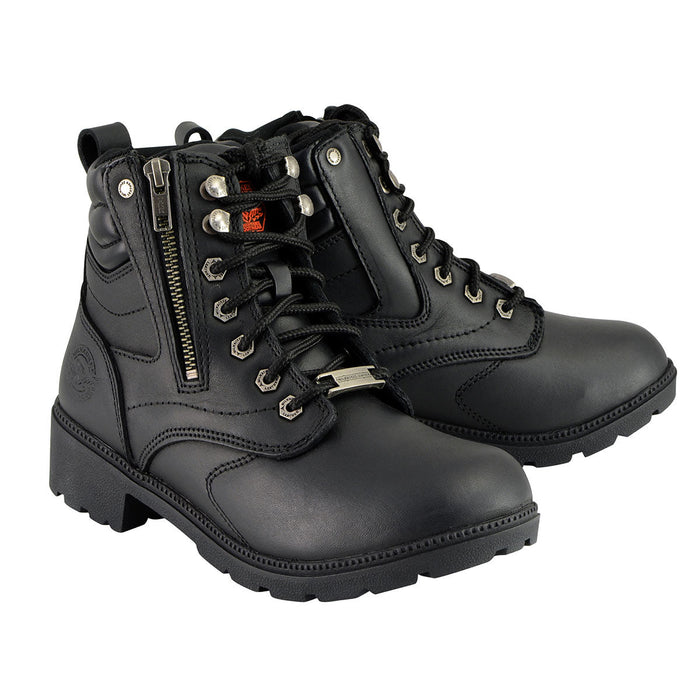 Milwaukee Leather MBL9320 Women's Premium Black Leather Lace-Up Motorcycle Riding Boots with Side Zipper
