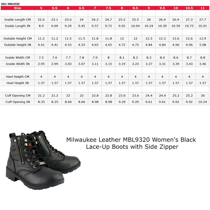 Milwaukee Leather MBL9320 Women's Premium Black Leather Lace-Up Motorcycle Riding Boots with Side Zipper