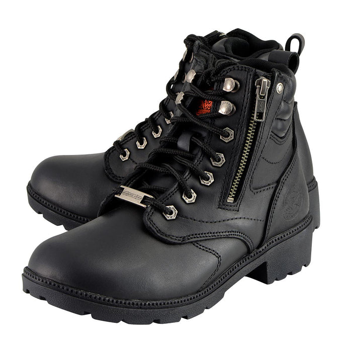 Milwaukee Leather MBL9320 Women's Premium Black Leather Lace-Up Motorcycle Riding Boots with Side Zipper