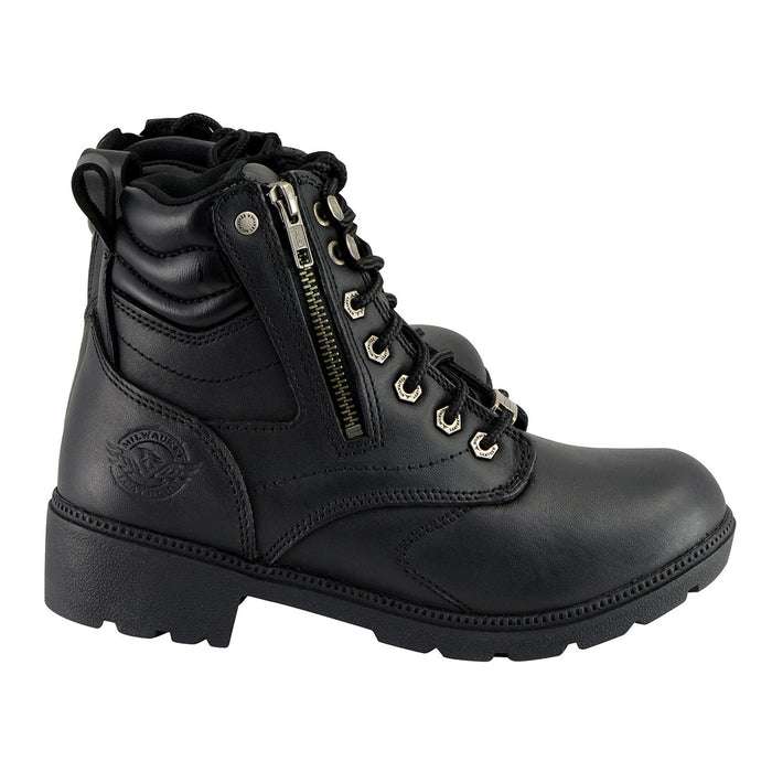 Milwaukee Leather MBL9320 Women's Premium Black Leather Lace-Up Motorcycle Riding Boots with Side Zipper