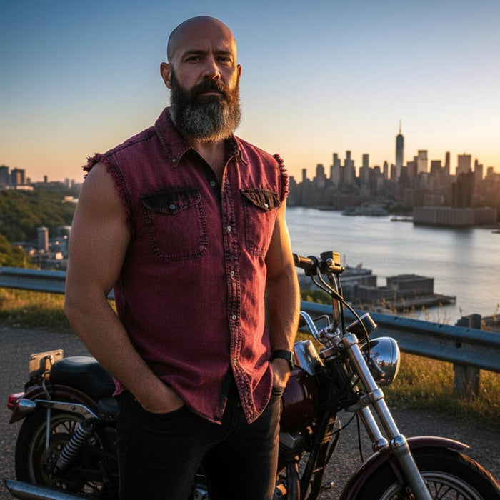 Milwaukee Leather MDM11677 Men’s Magenta Classic Button-Down Cut Off Frayed Sleeveless Casual Shirt