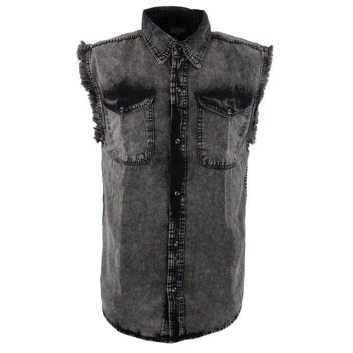 Milwaukee Leather MDM11683 Men’s Classic Beige/Black Button-Down Cut Off Frayed Sleeveless Casual Shirt