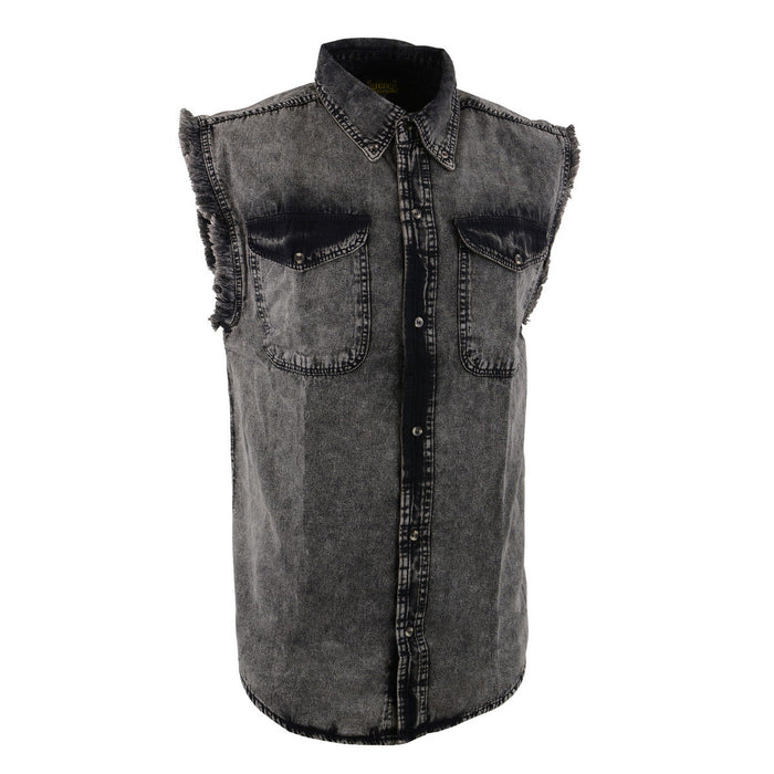 Milwaukee Leather MDM11683 Men’s Classic Beige/Black Button-Down Cut Off Frayed Sleeveless Casual Shirt