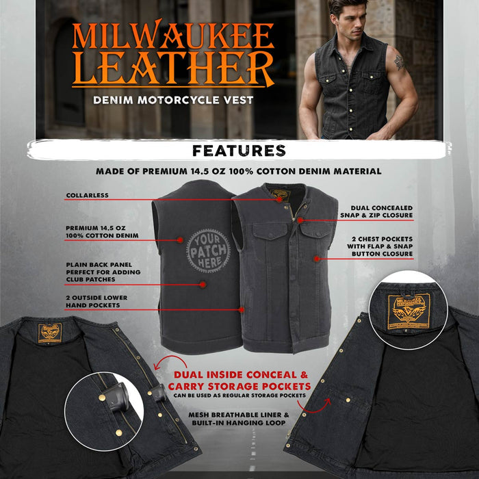 Milwaukee Leather MDM3001 Men's 'Covert' Black Denim Collarless Club Style Motorcycle Biker Vest w/ Dual Closure