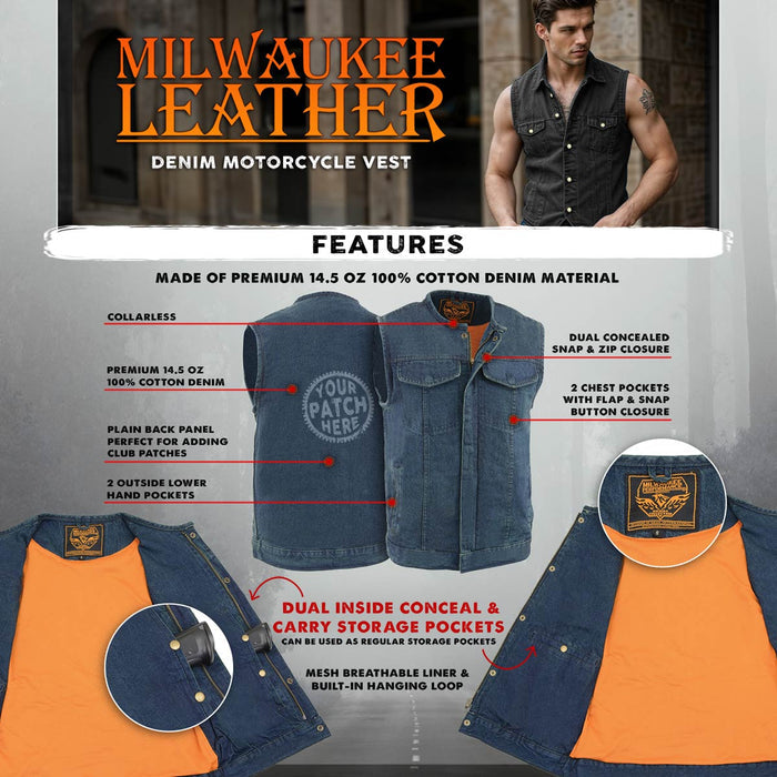 Milwaukee Leather MDM3001 Men's 'Covert' Blue Denim Collarless Club Style Motorcycle Biker Vest w/ Dual Closure