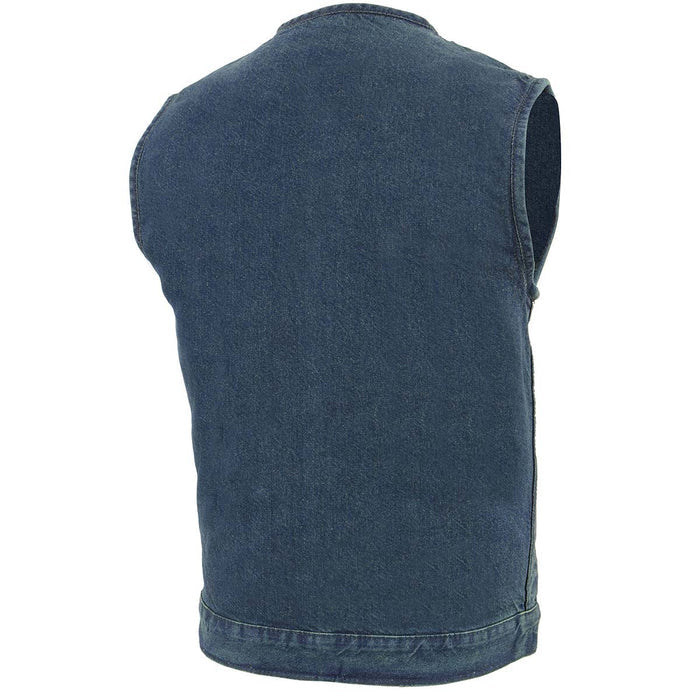 Milwaukee Leather MDM3001 Men's 'Covert' Blue Denim Collarless Club Style Motorcycle Biker Vest w/ Dual Closure