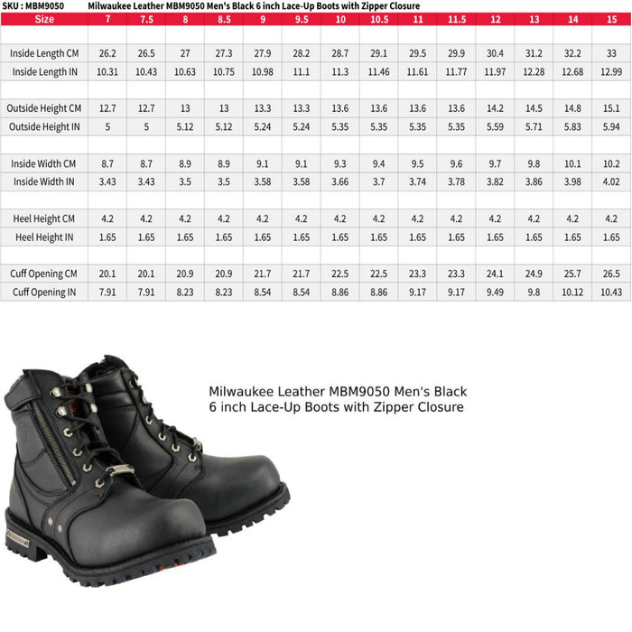 Milwaukee Leather Men's Black Leather 6-inch Lace-Up Motorcycle Biker Rider Boots w/ Zipper Closure MBM9050