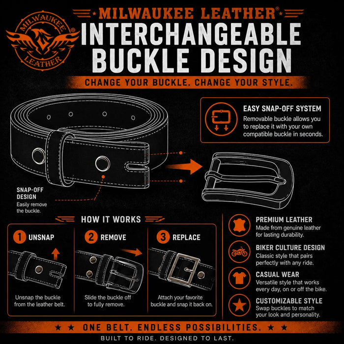 Milwaukee Leather Men's Black Slot Accent Leather Belt with Interchangeable Buckle - MP7136