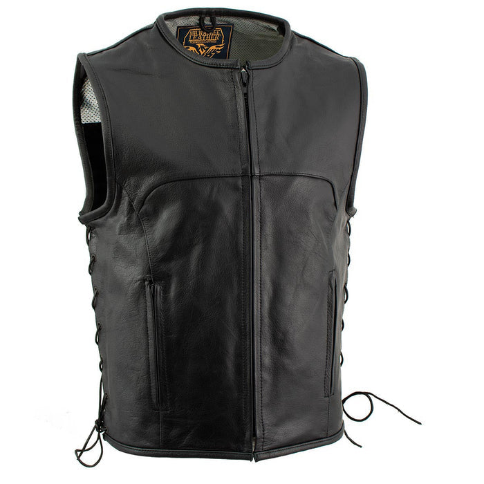 Milwaukee Leather Men's Drifter Black Collarless Buffalo Leather Motorcycle Vest - LKM3792