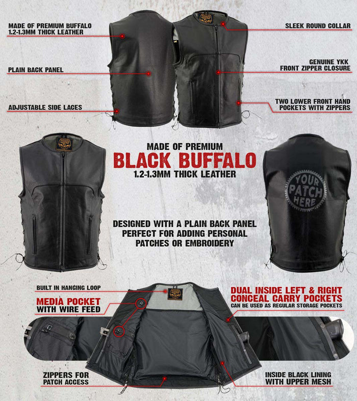 Milwaukee Leather Men's Drifter Black Collarless Buffalo Leather Motorcycle Vest - LKM3792