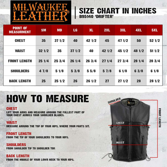 Milwaukee Leather Men's Drifter Black Collarless Buffalo Leather Motorcycle Vest - LKM3792