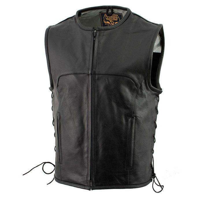 Milwaukee Leather Men's Drifter Black Collarless Buffalo Leather Motorcycle Vest - LKM3792