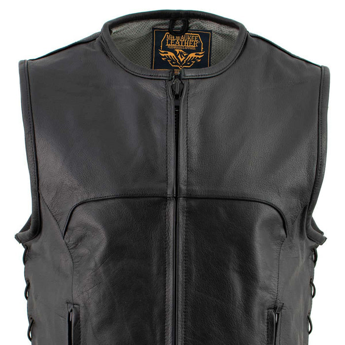 Milwaukee Leather Men's Drifter Black Collarless Buffalo Leather Motorcycle Vest - LKM3792