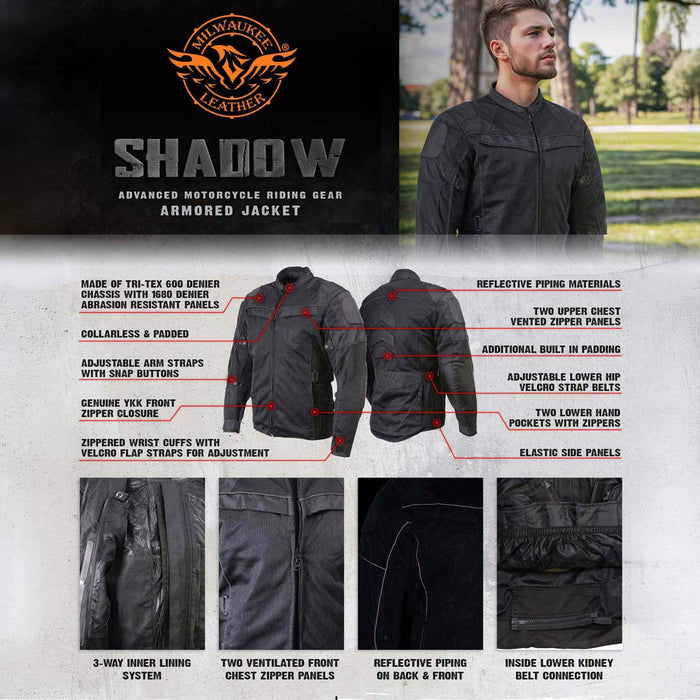Milwaukee Leather Men's Shadow Black Textile Motorcycle Jacket w/ CE Armor - MPM17030