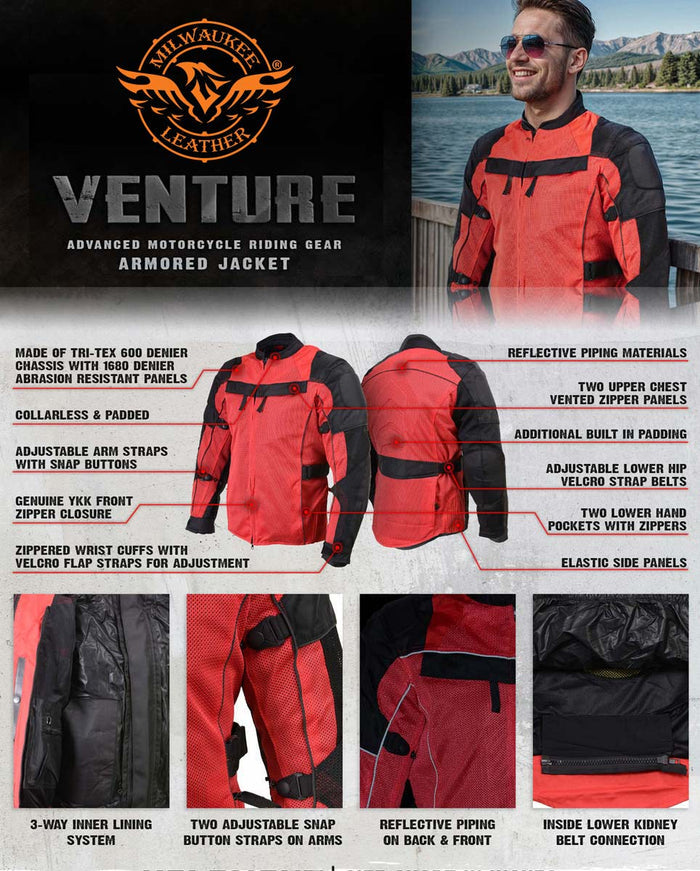 Milwaukee Leather Men's Venture Black/Red Textile Motorcycle Jacket w/ CE Armor - MPM17031