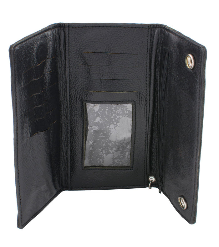 Milwaukee Leather MLW7875 Men's Black Leather Tri Fold Long Wallet with Steel Chain
