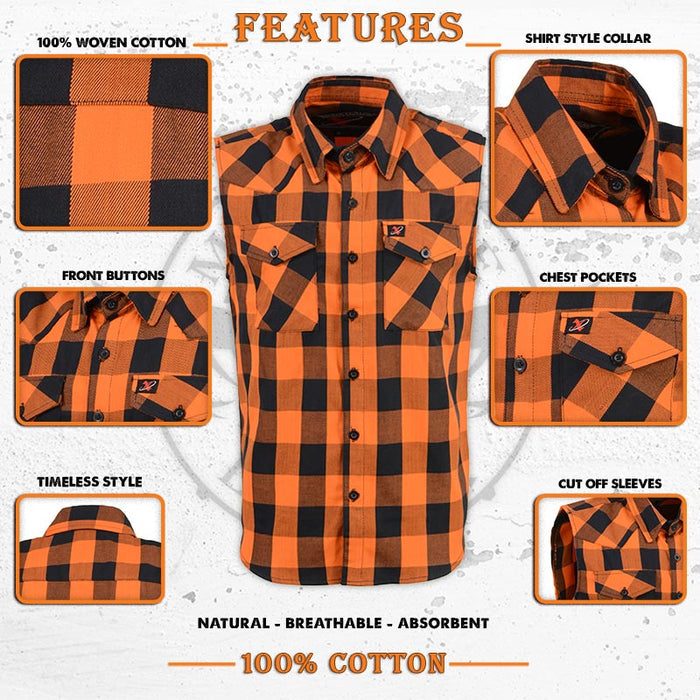 Milwaukee Leather MPM1655 Men’s Classic Black and Orange Button-Down Flannel Cut Off Sleeveless Casual Shirt