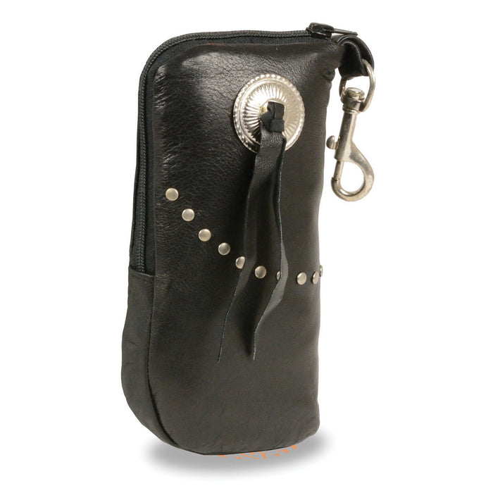 Milwaukee Leather SH508S Black Leather Zippered Eye Glass Case with Studs and Belt Clasp