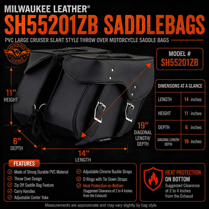 Milwaukee Leather SH55201ZB Black Large PVC Zip-Off Throwover Motorcycle Saddlebags