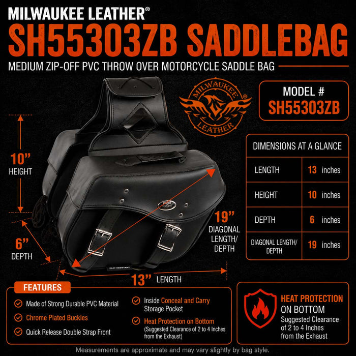Milwaukee Leather SH55303ZB Black Medium Zip-Off PVC Throw Over Motorcycle Saddlebags