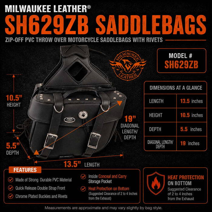 Milwaukee Leather SH629ZB Black Zip-Off PVC Motorcycle Throw Over Saddlebags with Rivets
