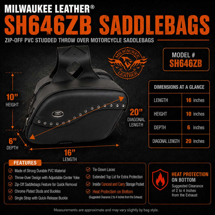 Milwaukee Leather SH646ZB Black Zip-Off PVC Studded Throw Over Motorcycle Saddlebags