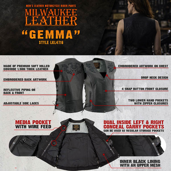 Milwaukee Leather Women's Gemma Black Leather Motorcycle Vest with Side Laces - LKL4716