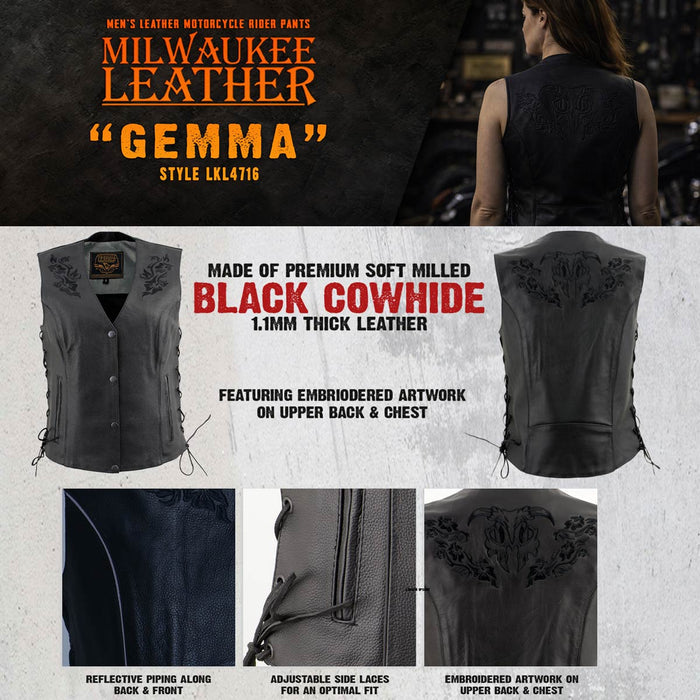 Milwaukee Leather Women's Gemma Black Leather Motorcycle Vest with Side Laces - LKL4716
