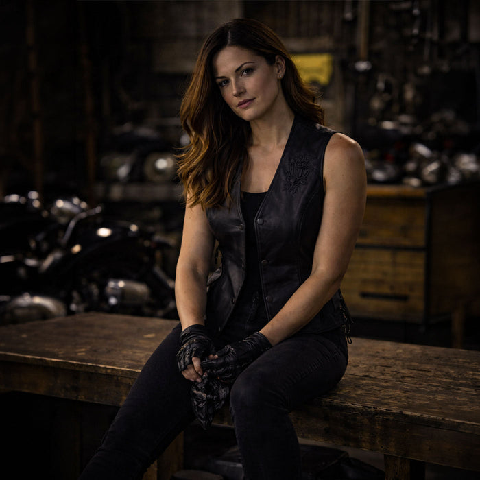 Milwaukee Leather Women's Gemma Black Leather Motorcycle Vest with Side Laces - LKL4716