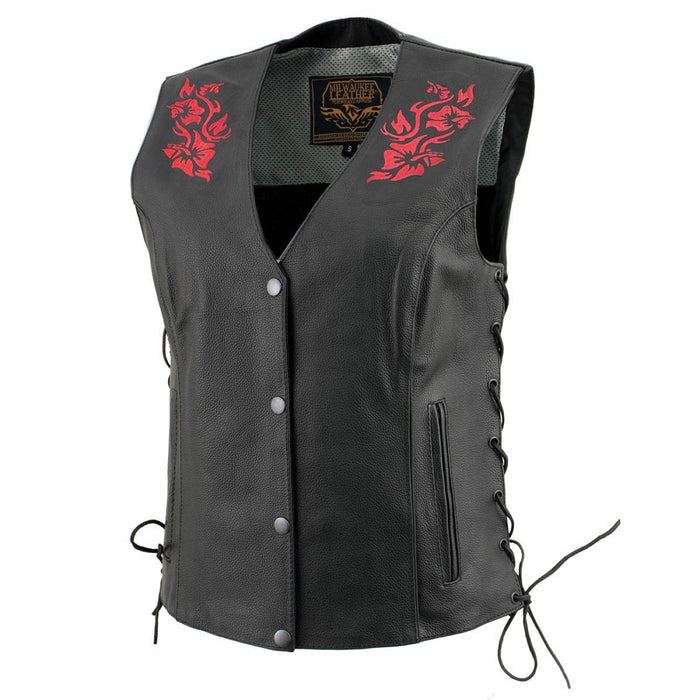 Milwaukee Leather Women's Gemma Black/Red Leather Motorcycle Vest with Side Laces - LKL4718