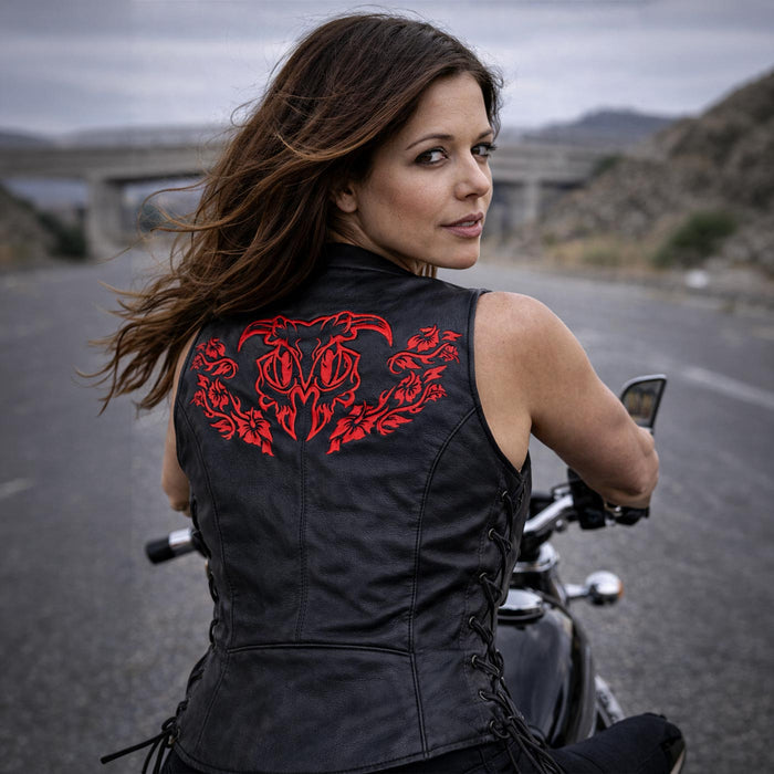 Milwaukee Leather Women's Gemma Black/Red Leather Motorcycle Vest with Side Laces - LKL4718