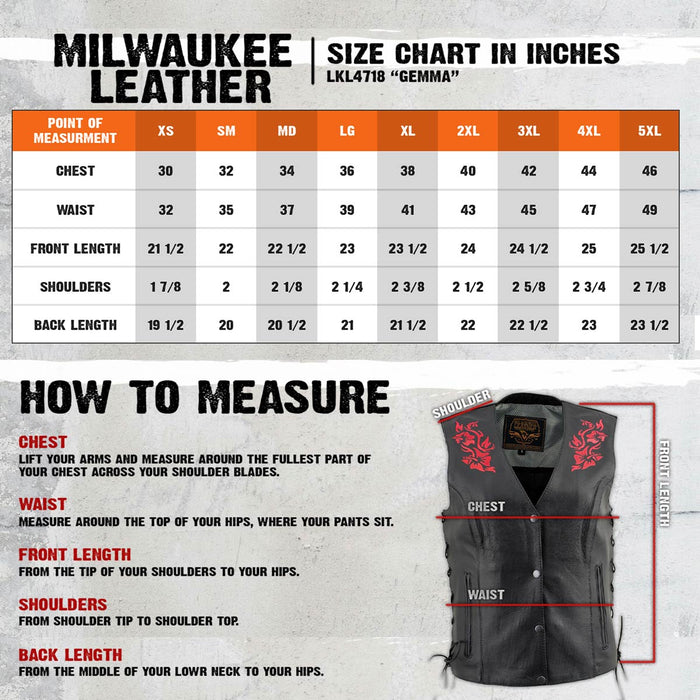 Milwaukee Leather Women's Gemma Black/Red Leather Motorcycle Vest with Side Laces - LKL4718