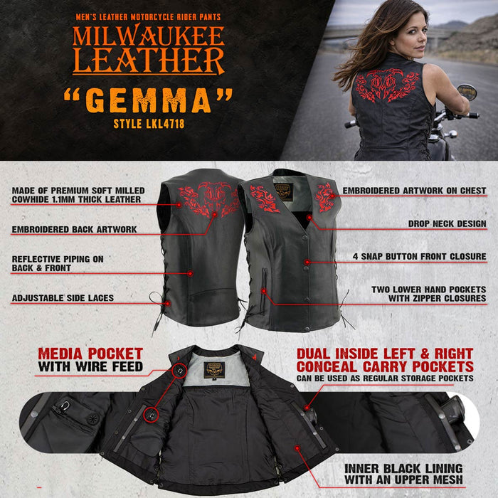 Milwaukee Leather Women's Gemma Black/Red Leather Motorcycle Vest with Side Laces - LKL4718