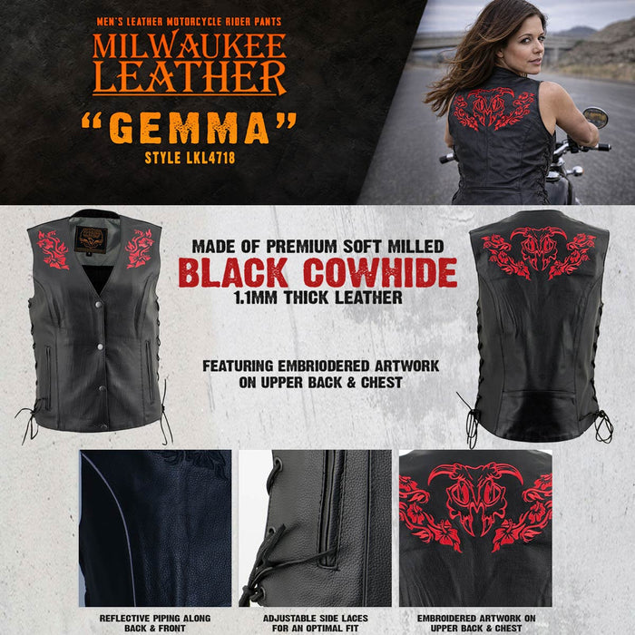 Milwaukee Leather Women's Gemma Black/Red Leather Motorcycle Vest with Side Laces - LKL4718