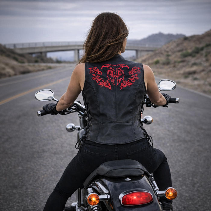 Milwaukee Leather Women's Gemma Black/Red Leather Motorcycle Vest with Side Laces - LKL4718