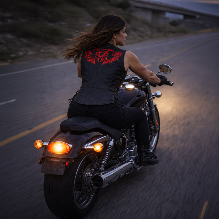 Milwaukee Leather Women's Gemma Black/Red Leather Motorcycle Vest with Side Laces - LKL4718