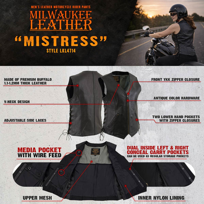 Milwaukee Leather Women's Mistress Black Side Lace Leather Motorcycle Vest - LKL4714